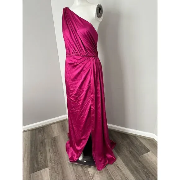 NWT Ieena for Mac Duggal One Shoulder Slit Satin Faux Wrap Maxi Gown Berry Sz 6 - Picture 7 of 13